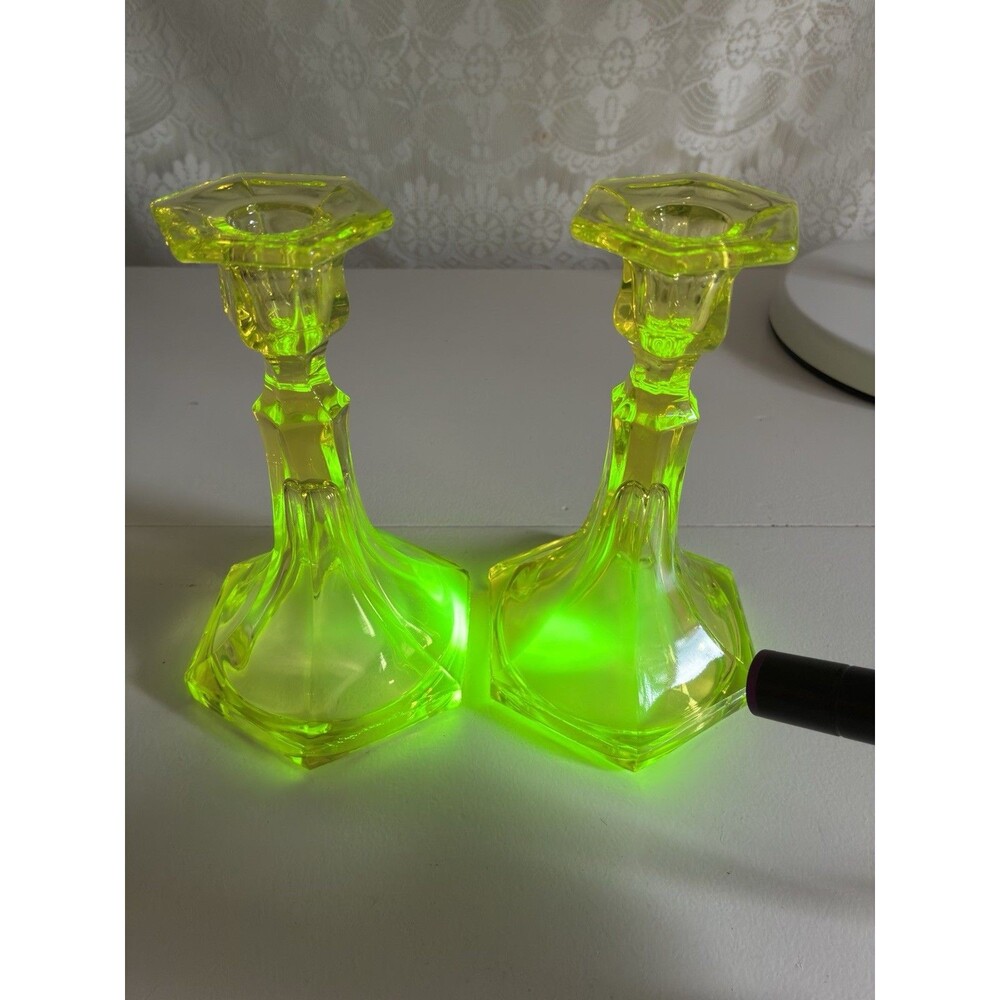 Vintage Antique Uranium Vaseline Glass Candlestick Set of 2 UV Taper Candles